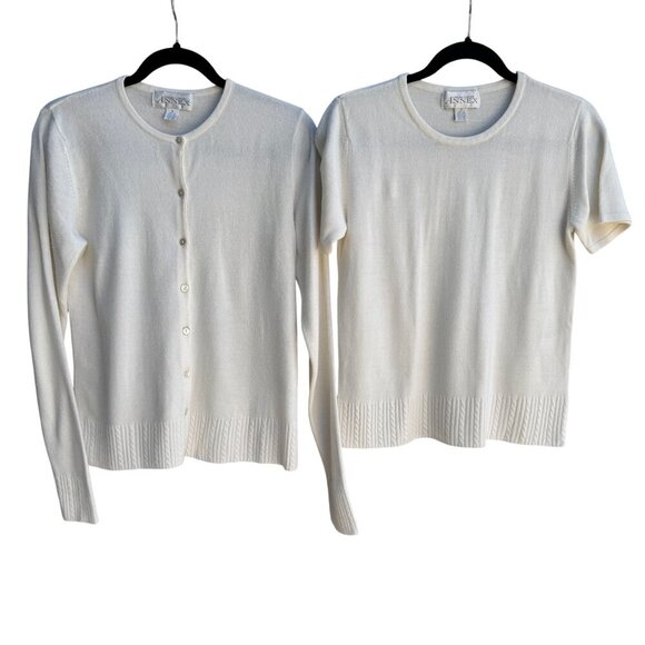Casual Corner Sweaters - Casual Corner Annex Womens Cream Knit Cardigan & Short Sleeve Top Sweater Set M